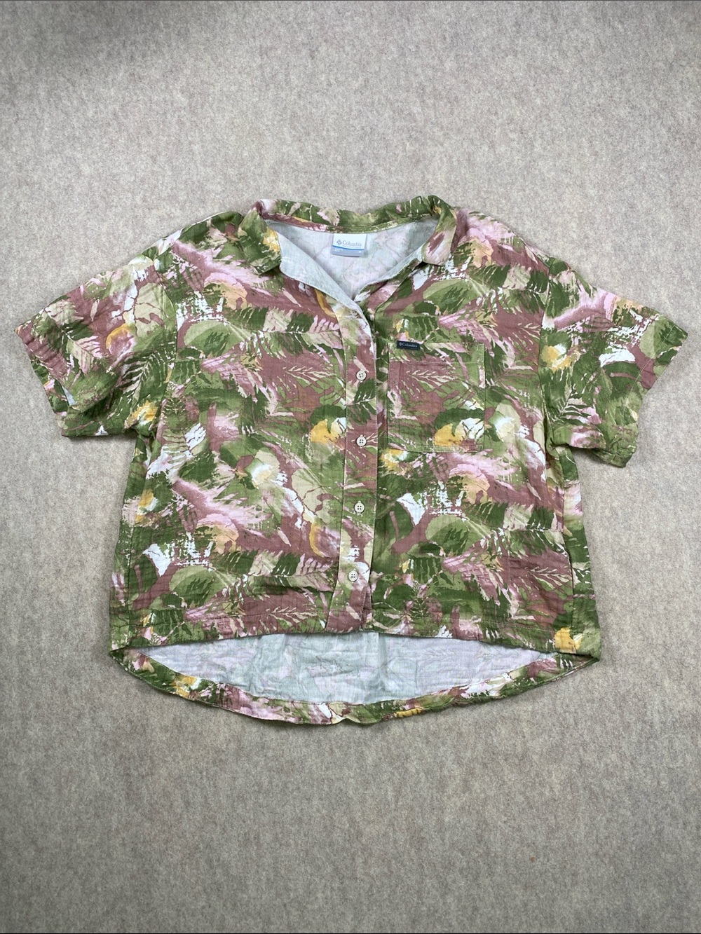 Columbia Short Sleeve Button-Down Shirt in Pink, Green & Yellow Floral